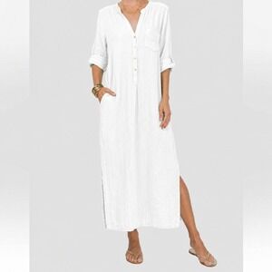 Women Minimalist Coastal White Gauze Maxi Dress Size M Fisherman Resortwear Boho